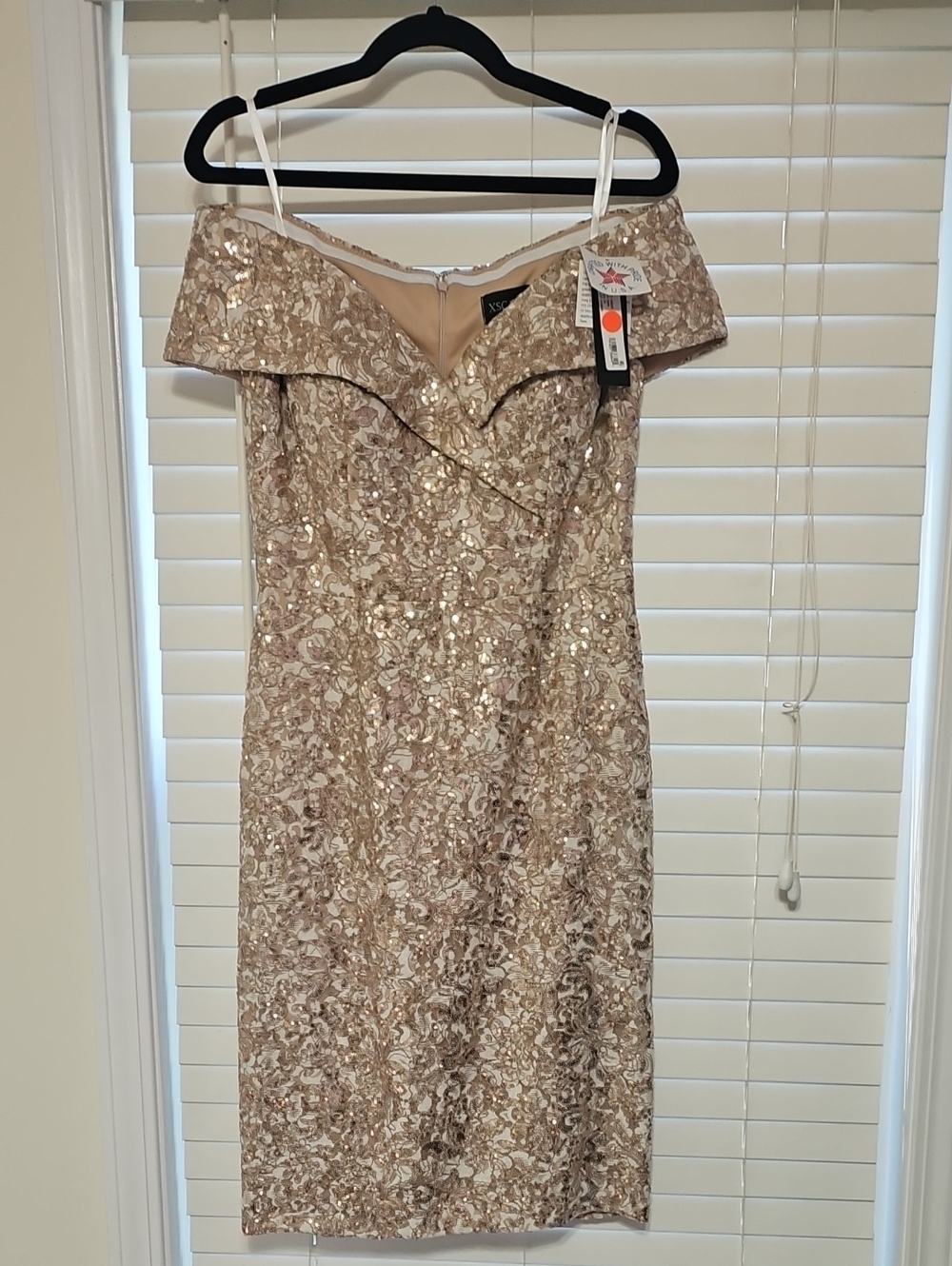 Xscape One-Shoulder Sequin Lace Dress in Champagne Blush